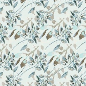 Watercolor Painted Overlapping Leaves In Taupe Teal Blue And Olive On Light Teal Small Scale