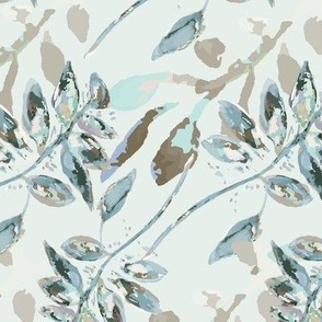 Watercolor Painted Overlapping Leaves In Taupe Teal Blue And Olive On Light Teal Medium Scale