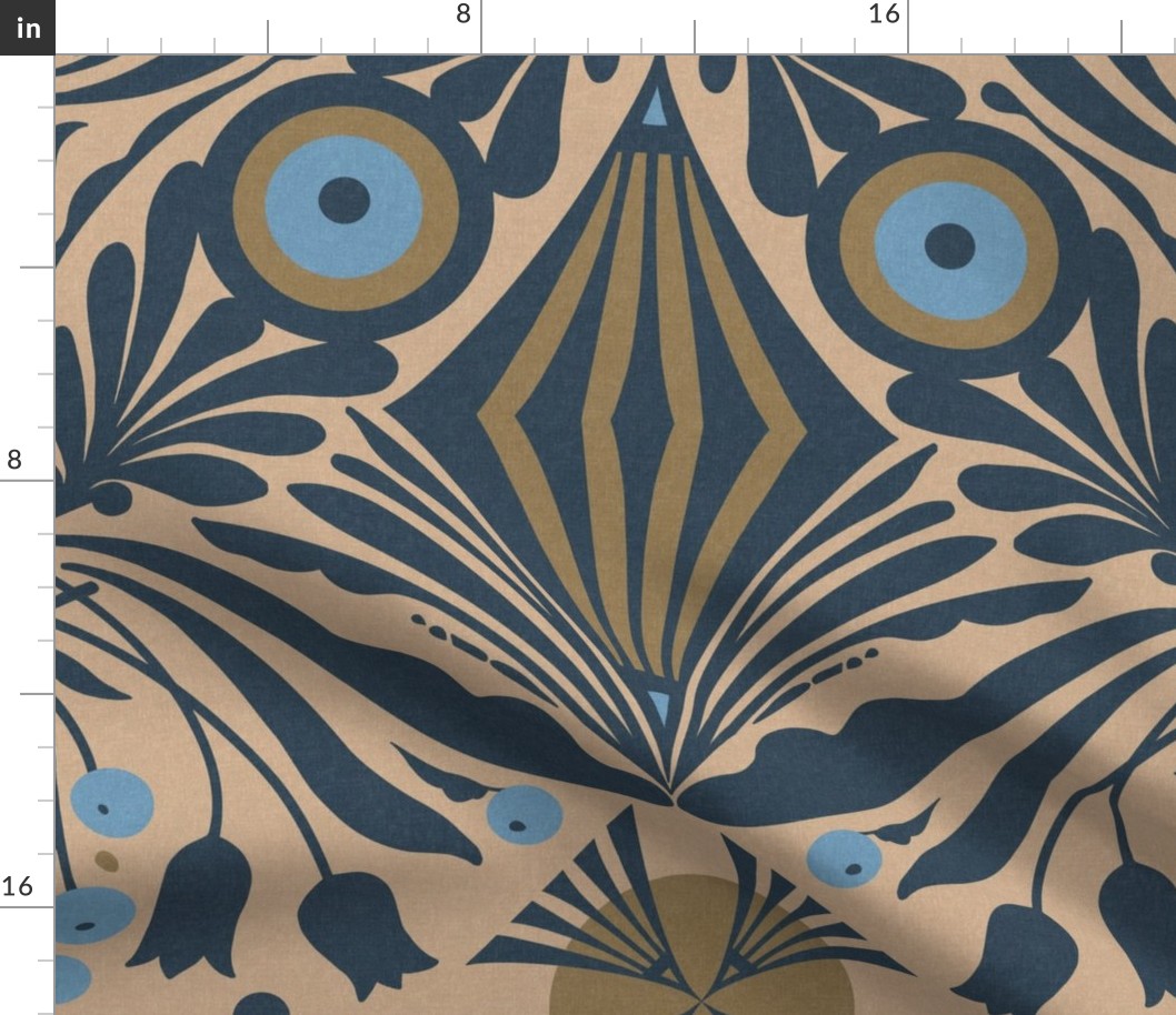 Large Scale // Decorative Botanical Abstract Hand-drawn Design - Indigo, Turquoise, Gold and Tan