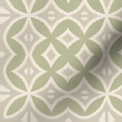 Geometric abstract flowers with Maroccan style influence on a sage green background