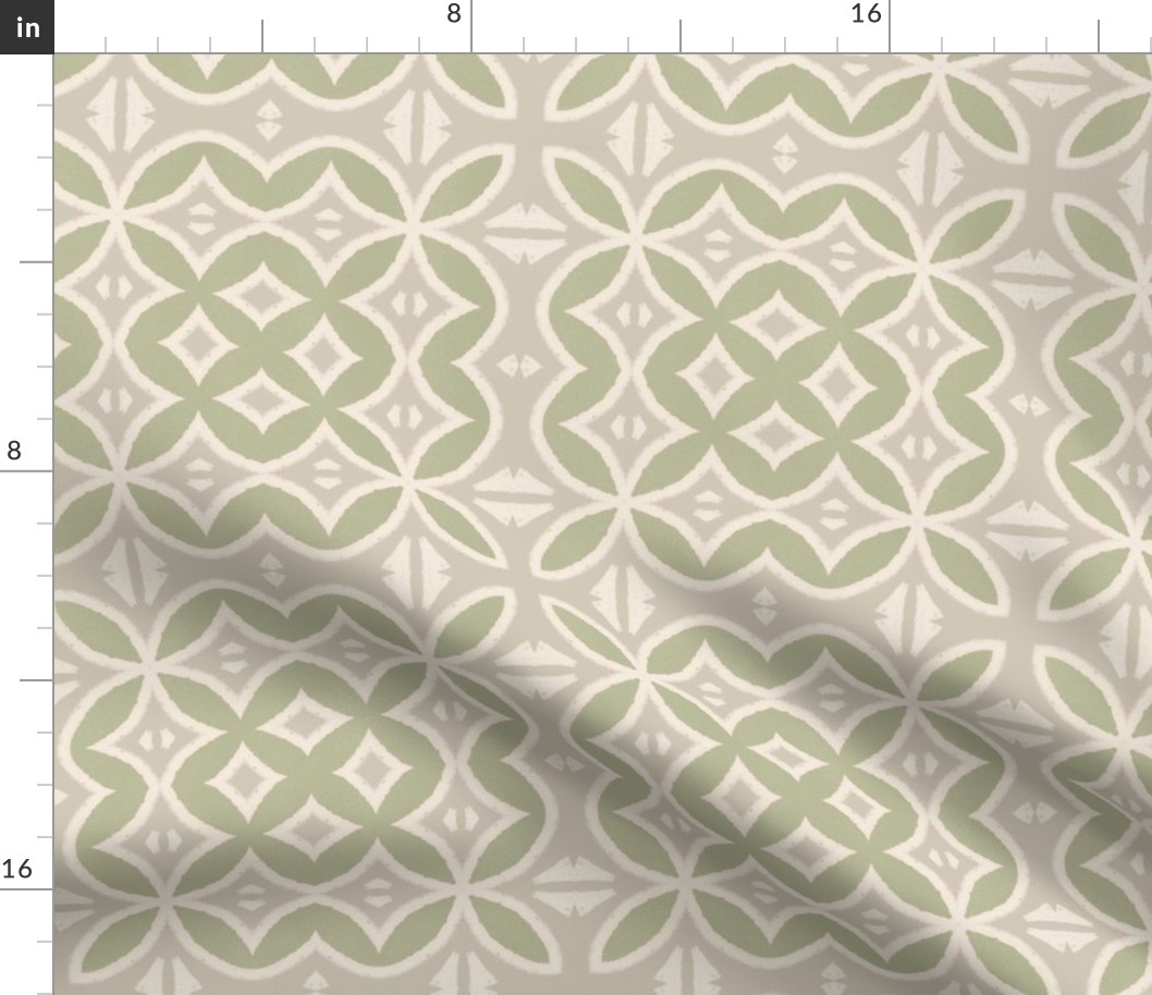 Geometric abstract flowers with Maroccan style influence on a sage green background