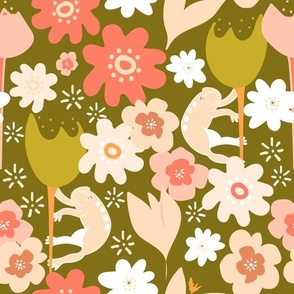 Fun Frogs And Flowers On Green - Retro Folk.