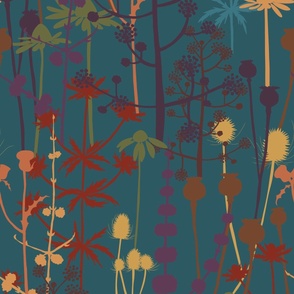 Large - A maximalist floral Fall meadow of bold, colourful, hand drawn silhouettes for the most exciting of wallpapers. Multi-colored rich and jewelled  flowers on a warm teal green background.