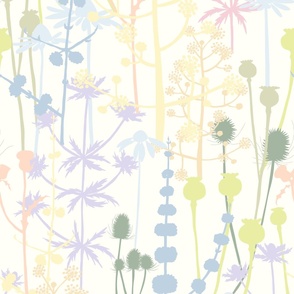 Large - A maximalist floral Spring meadow of bold, colourful, hand drawn silhouettes for the most exciting of wallpapers. Multi-colored delicate and pastel flowers on a cool creamy ivory background.