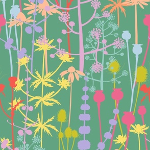Large - A maximalist floral Spring meadow of bold, colourful, hand drawn silhouettes for the most exciting of wallpapers. Multi-colored fresh and light flowers on a crisp emerald green background.
