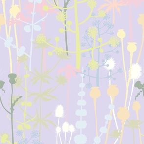 Large - A maximalist floral Spring meadow of bold, colourful, hand drawn silhouettes for the most exciting of wallpapers. Multi-colored delicate and pastel flowers on a cool lilac purple background.