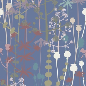 Large - A maximalist floral Summer meadow of bold, colourful, hand drawn silhouettes for the most exciting of wallpapers. Multi-colored soft and muted  flowers on a faded denim blue background.