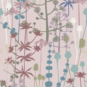 Large - A maximalist floral Summer meadow of bold, colourful, hand drawn silhouettes for the most exciting of wallpapers. Multi-colored soft and muted  flowers on a dusky pinky lilac background.
