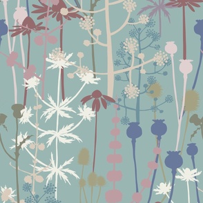 Large - A maximalist floral Summer meadow of bold, colourful, hand drawn silhouettes for the most exciting of wallpapers. Multi-colored soft and muted  flowers on a faded jade green background.