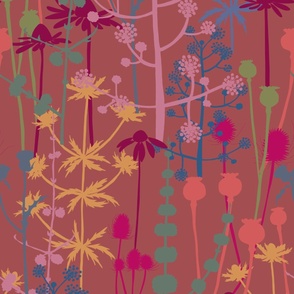 Large - A maximalist floral Summer meadow of bold, colourful, hand drawn silhouettes for the most exciting of wallpapers. Multi-colored blooming and rich flowers on a warm, rich copper background.
