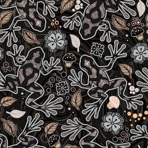 Hawaiian Deep Brown and Black Poison Dart Frog Psychedelic, Vector Seamless Pattern