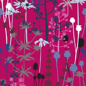 Large - A maximalist floral Winter meadow of bold, colourful, hand drawn silhouettes for the most exciting of wallpapers. Multi-colored contrasting flowers on a bright magenta pink background.