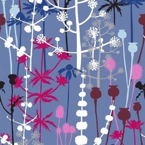 Large - A maximalist floral Winter meadow of bold, colourful, hand drawn silhouettes for the most exciting of wallpapers. Multi-colored contrasting flowers on a cool blue background.