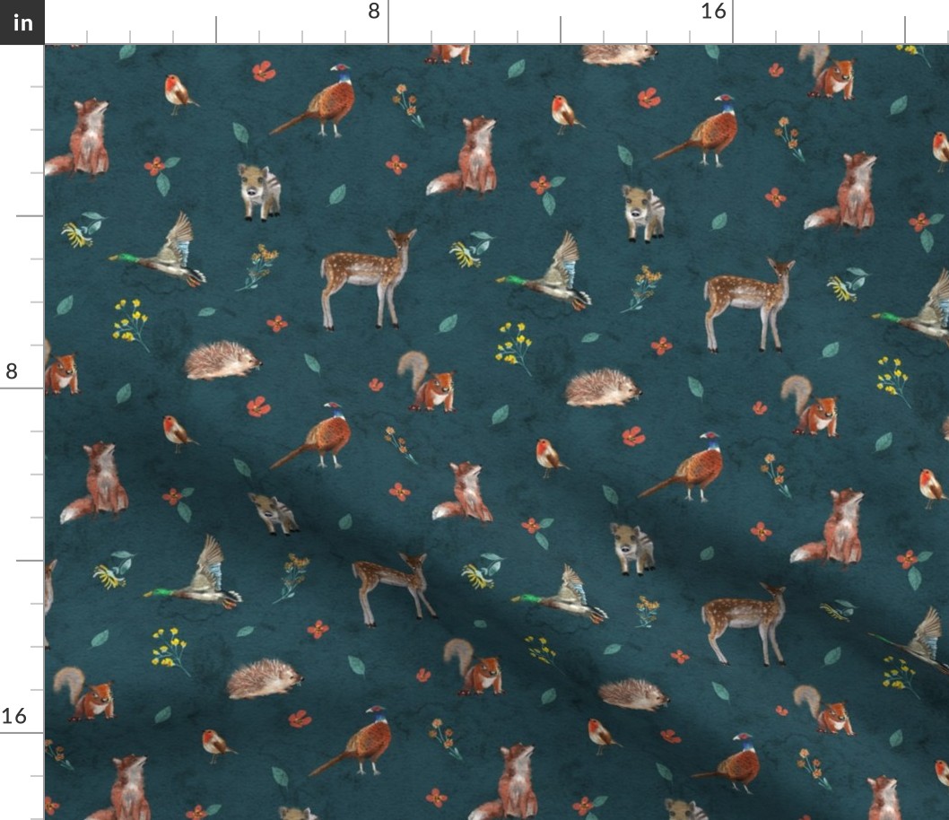 Woodland Animals, Fox Mallard Duck Deer Wild Boar Pheasant Hedgehog Squirrel, Wildlife on teal Adventure