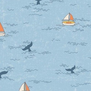 Vintage whale watching sailing boats with textured wavy ocean ripples - light cerulean blue