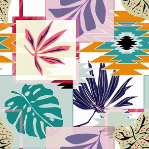 Colorful tropical botanical patchwork pattern. Tropical monstera leaves with decorative elements. Multicolor background. 