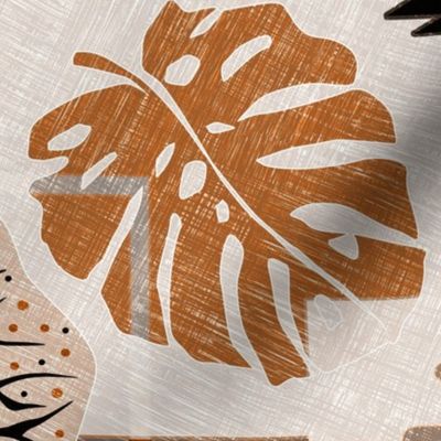 Monochrome tropical botanical patchwork pattern. Tropical leaves, monstera, with decorative elements. Beige terracotta background.
