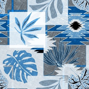 Monochrome tropical botanical patchwork pattern. Tropical leaves, monstera, with decorative elements. Blue, grey background.