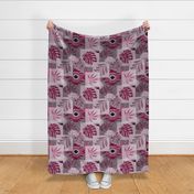 Monochrome tropical botanical patchwork pattern. Tropical leaves, monstera, with decorative elements. Burgundy, grey background.