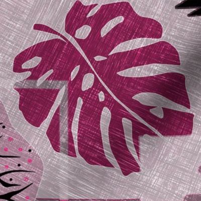 Monochrome tropical botanical patchwork pattern. Tropical leaves, monstera, with decorative elements. Burgundy, grey background.