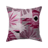 Monochrome tropical botanical patchwork pattern. Tropical leaves, monstera, with decorative elements. Burgundy, grey background.