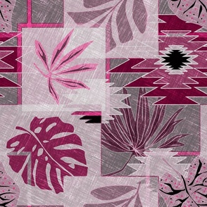 Monochrome tropical botanical patchwork pattern. Tropical leaves, monstera, with decorative elements. Burgundy, grey background.