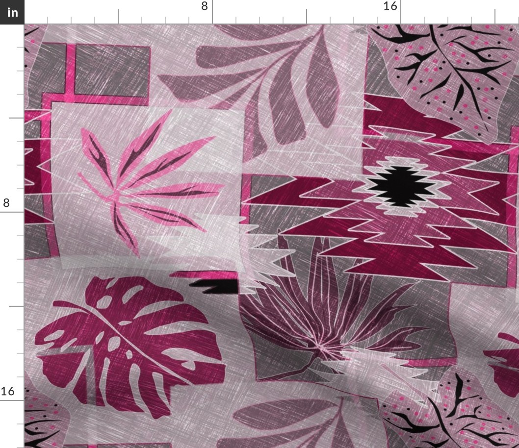 Monochrome tropical botanical patchwork pattern. Tropical leaves, monstera, with decorative elements. Burgundy, grey background.