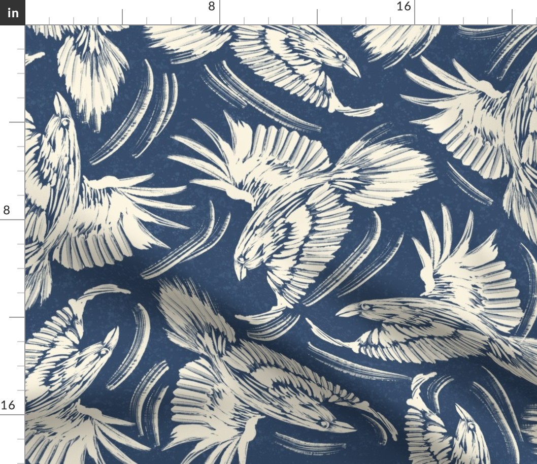 white raven flying in the sky | midnight sky jeans dark blue muted navy mid indigo soft ultramarine textured cobalt | airy brush strokes swooshes birds wings non-directional | jumbo