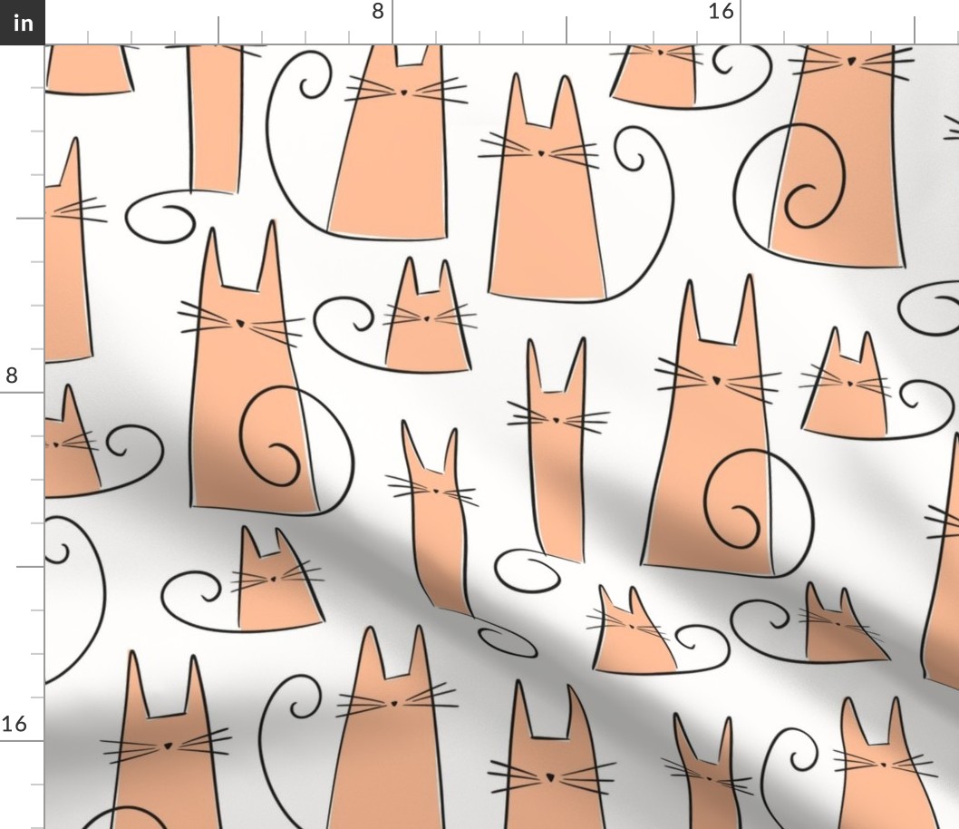 cat - gus cat peach fuzz - pantone color of the year 2024 - cute line art cat fabric and wallpaper