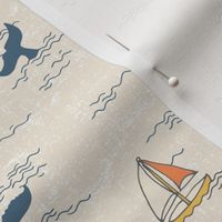 Vintage whale watching sailing boats with textured wavy ocean ripples - Natural Linen Off White