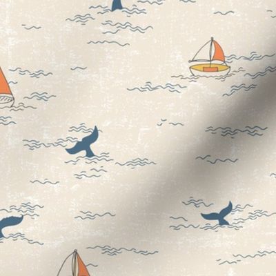 Vintage whale watching sailing boats with textured wavy ocean ripples - Natural Linen Off White