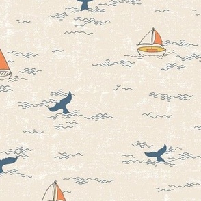 Vintage whale watching sailing boats in eggshell off-white textured wavy ocean