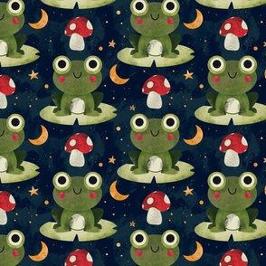 Cute Frog Cottagecore Aesthetic Pattern With Mushrooms, Moons And Stars 