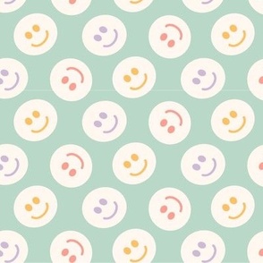 Happy Fun Smiley Faces Pastel Colours on Soft Green Background Sweet Polka Dot