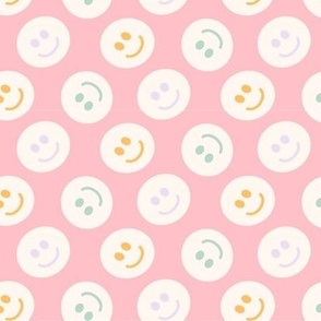 70s Sweet Smiley Pastel Face Polka Dot on a Pink Background