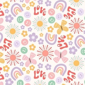 Tossed Retro 70s Icons Lilac, Pink, Yellow and White Butterflies, Sunshine, Smiley Faces, Flowers