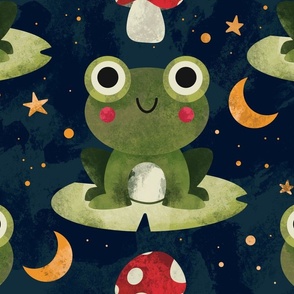(Large Scale) Cute Frog Cottagecore Aesthetic Pattern With Mushrooms, Moons And Stars 