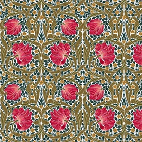 Pimpernel - SMALL 10" - historic reconstructed damask wallpaper by William Morris -  autumnal teal sage and pink on red antiqued restored  reconstruction art nouveau art deco  - white  linen effect  