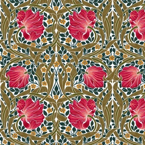Pimpernel - MEDIUM 14"  - historic reconstructed damask wallpaper by William Morris -  autumnal teal sage and pink on red antiqued restored  reconstruction art nouveau art deco  - white  linen effect  