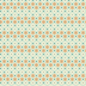 Geometric Tangerine Orange and Pale Yellow Ivory Florals on Muted Mint Green Celadon