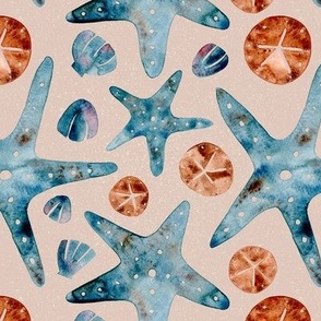 Watercolor Starfish Sand dollar and Seashell | Sand background