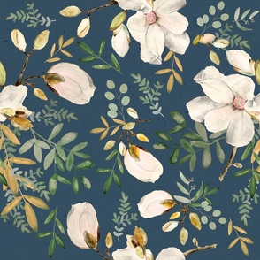 Dark Blue Floral Eucalyptus / White Flowers / Watercolor