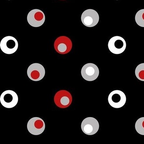 wonky polka dots, black, gray, white, red, geometric circles
