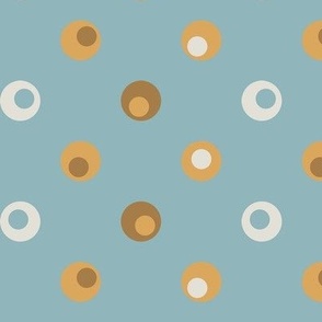 wonky polka dots, geometric circles, apricot, brown, light blue, cream