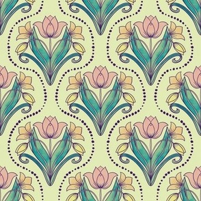 art nouveau watercolor tulips (8") - pink, yellow, green (ST2023AN) 