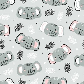 Little Baby Elephant Face and Tropical Leaves