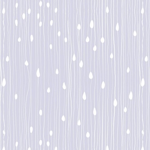 Drops and dots with intermittent broken lines, off-white on lavender / lilac / spring iris - medium scale