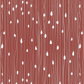 Drops and dots with intermittent broken lines, off-white on dark earthy red / spanish red - medium scale