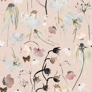 Large peachy wildflowers / whimsical watercolor florals
