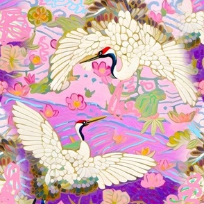 Chinoiserie cranes in pink and purple